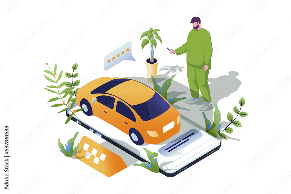 Poster taxi booking web concept in 3d isometric design. people using taxi application for online rental car
