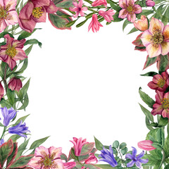 Fototapeta na wymiar Watercolor romantic frame with hearts and flowers on a white background. For create Valentine's day, birthday, mother's day, wedding cards. Template for decorating designs and illustrations.