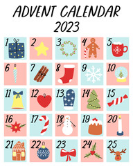 Christmas Advent calendar with hand drawn elements. New Year for kids. Xmas Poster.