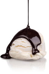 Vanilla ice cream with chocolate sauce on white background