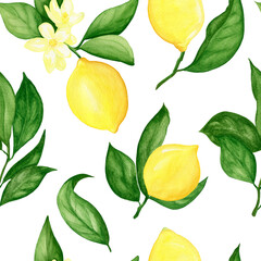 Watercolor seamless pattern with lemons, isolated on transparent background