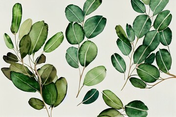 Watercolor floral card of eucalyptus leaves, seeds and branches. Hand painted silver dollar eucalyptus bouquet isolated on white background. Illustration for design, print, fabric or background.