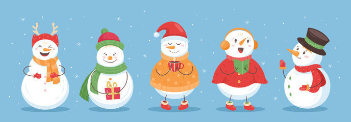 Cute Christmas snowman. Vector set of winter holidays snowmen in different costume with xmas gift, cup of cacao, songbook, book.  Winter icon for greeting card, festive poster, sticker, web banner.