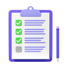 Survey checklist, 3d render illustration, transparent background. Clipboard with checked tasks. Concept of online survey, exam note, business contract, research form, evaluation document