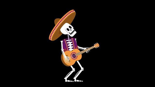 Mexican skeleton in sombrero with guitar - day of the dead character. Dia de los muertos skeleton. Looped animation with alpha channel.