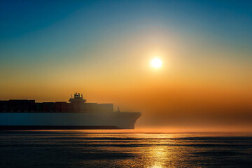 Container ship or cargo ship on the sea, symbol of international trade and globalization