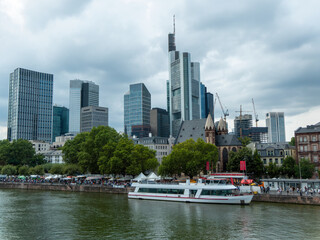 View of the Frankfurt skyline at the Museum Embankment Festival with the River Main and ships