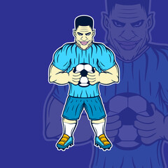 Strong cartoon character football player holding ball vector illustration