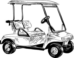 PNG engraved style illustration for posters, decoration and print. Hand drawn sketch of golf cart in black isolated on white background. Detailed vintage etching style drawing.	
