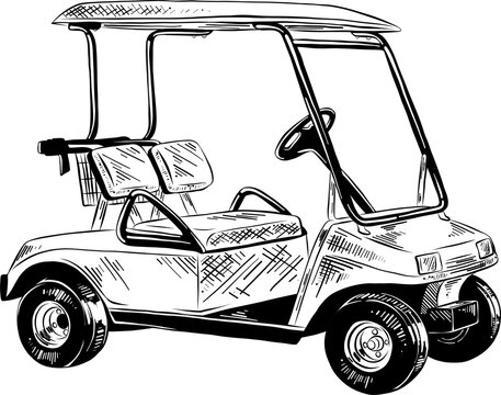 PNG Engraved Style Illustration For Posters, Decoration And Print. Hand Drawn Sketch Of Golf Cart In Black Isolated On White Background. Detailed Vintage Etching Style Drawing.	
