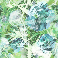Watercolor print with marine floral pattern. Jellyfish, algae, underwater grasses, shellWatercolor abstract  background. Beautiful abstract background. round abstract spot. Branches, beautiful plants