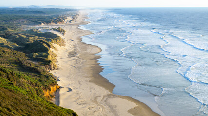Scenic view along coastline as sandunes reach the Pacific Ocean at Baker Beach near Florence Oregon