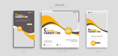 set of editable Furniture social media post and story web banner template design with yellow, black and white background