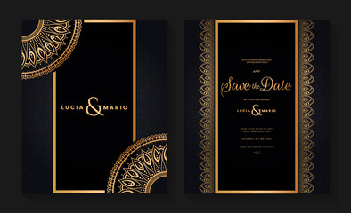 Luxury wedding invitation card design with golden mandala and abstract pattern, Arabic Islamic east background style, Decorative ornamental mandala for print, poster, cover, flyer, and banner.