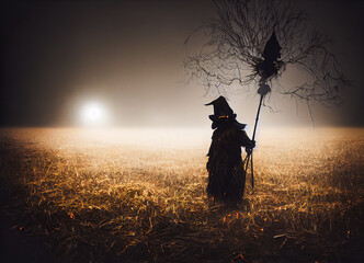 Fototapeta premium Haunted scarecrow with broom in a field, Halloween night demon, 3d illustration