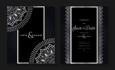 Fototapeta na wymiar Luxury wedding invitation card design with silver mandala and abstract pattern, Arabic Islamic east background style, Decorative ornamental mandala for print, poster, cover, flyer, and banner.