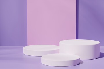 Three white round podiums on a pink and purple background, 3d render