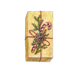 A packed holiday gift for Christmas. A gift box decorated with Christmas symbols. The symbol of the celebration of the holiday. A hand-drawn watercolor illustration highlighted on a white background.