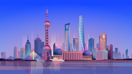 Shanghai landing page in flat cartoon style. Chinese night city panorama with skyscrapers, urban landscape. Business trip and travelling of famous landmarks. Illustration of web background
