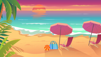 Fototapeta na wymiar Summertime vacation at sea resort landing page in flat cartoon style. Sunset on seaside, sandy beach, sun loungers with umbrellas, palms and tropical plants. Illustration of web background