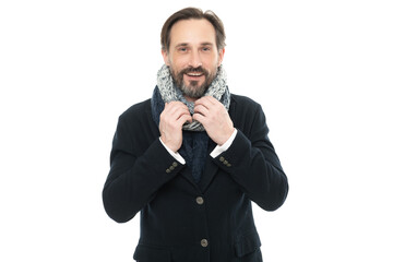 studio shot of positive guy wearing warm clothes. guy winter fashion with warm clothes.