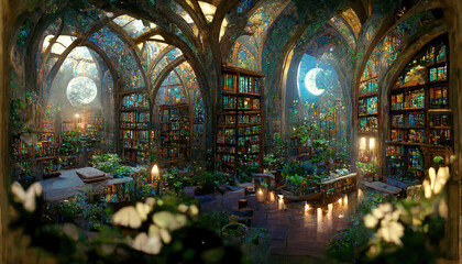 AI generated image of an ornate magical library with fairy lights, ornamental plants and gothic arches - obrazy, fototapety, plakaty