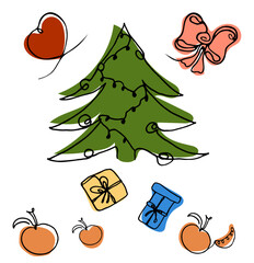 Set for Christmas and New Year Tangerines around the Christmas tree, Bow and Heart, colorful gifts