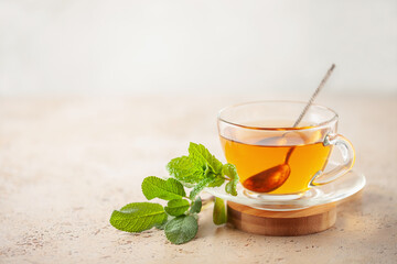 Sage mint herbal tea in a glass cup with fresh  leaves on wooden background. Natural medicine and healthy  herbs concept. Copy space