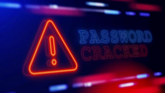 PASSWORD CRACKED Warning Alert Screen loop Blinking glitch Error Animation. concept of data theft. System warning, hacking attempt. Hacking attack, malware detected, data encryption, weak security.