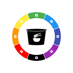 A large black instant noodles symbol in the center, surrounded by eight white symbols on a colored background. Background of seven rainbow colors and black. Vector illustration on white background