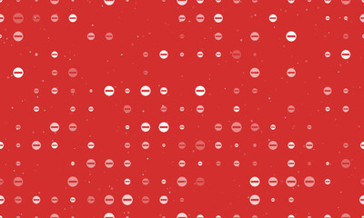 Seamless background pattern of evenly spaced white no entry road signs of different sizes and opacity. Vector illustration on red background with stars - obrazy, fototapety, plakaty