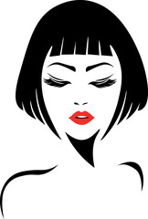 illustration of women short hair style and make up face on white background, vector. 
Red lips, long eyelashes
