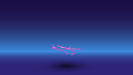 Neon helicopter symbol on a gradient blue background. The isolated symbol is located in the bottom center. Gradient blue with light blue skyline