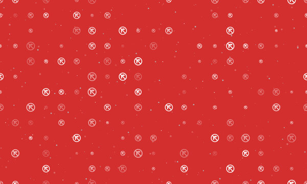 Seamless Background Pattern Of Evenly Spaced White No Right Turn Signs Of Different Sizes And Opacity. Vector Illustration On Red Background With Stars