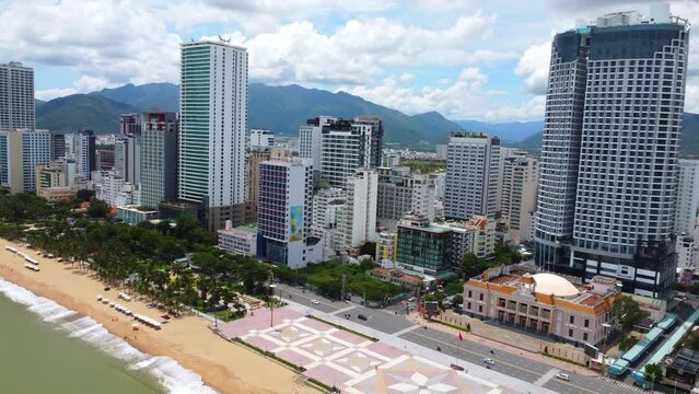The center of the resort city in Asia. Taken by a drone in Nha Trang, Vietnam in October. The rainy season.