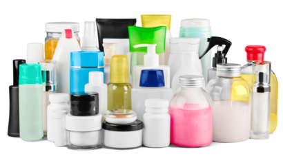 still life portrait of a group of product packaging. isolated over white