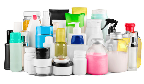 still life portrait of a group of product packaging. isolated over white