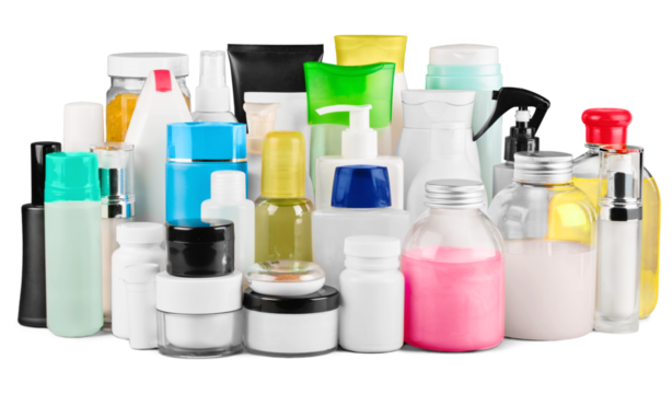 still life portrait of a group of product packaging. isolated over white