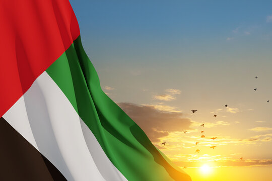 Flag Of United Arab Emirates On Background Of Sunset Sky With Flying Birds. UAE Celebration. National Day, Flag Day, Commemoration Day, Martyrs Day.