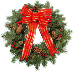 Christmas wreath made of fir tree and cones isolated on white. Christmas decorations