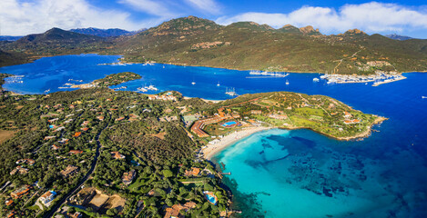 Fototapeta premium Italy summer holidyas . Sardegna island - stunning Emerald coast with beautiful beaches. aerial view of Ira beach