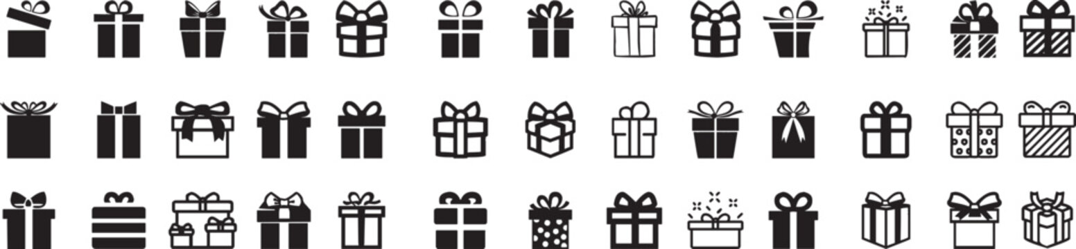Present gift box icon. Gift box icon is in line style isolated on white. Christmas gift icon illustration vector symbol. Gift set different icon signs. Surprise. Vector illustration