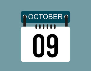 9 October calendar icon. October calendar date and month icon with black number