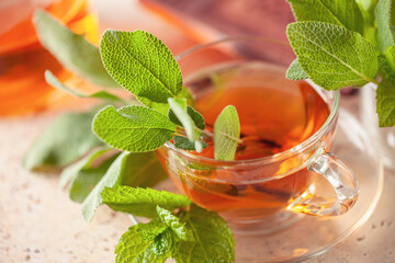 Sage mint herbal tea in a glass cup with fresh  leaves on wooden background. Natural medicine and...