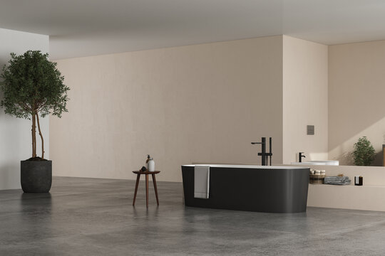 Modern bathroom interior with beige walls, marble basin with double mirror, black bathtub and grey concrete floor.Minimalist bathroom with modern furniture. Overlooks tree and landscape view.3D Render