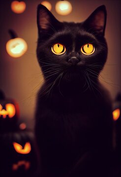 cute Halloween black cat with yellow eyes