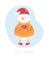 Cute Christmas snowman. Vector illustration of winter holidays snowman with cup of cacao, scarf, hat and text. Winter greeting card, festival poster, web banner. Merry Christmas and happy New Year