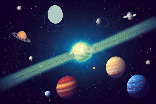 Planets in outer space with satellites, falling meteor and asteroids in dark starry sky. Galaxy, cosmos, universe futuristic fantasy view background for computer game. Cartoon 2d illustration