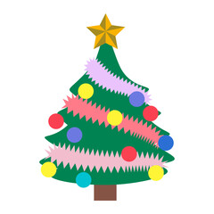 Cute Christmas tree with decoration . Isolated on white background, flat design, EPS10 vector