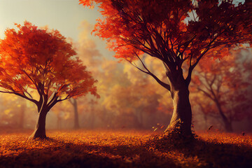 Naklejka na ściany i meble autumn in the forest secnic view illustration landscape fog river vibe 